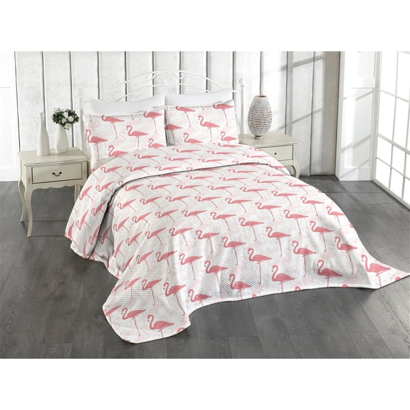 Ambesonne Tropical Quilted Coverlet 3 Pcs, Flamingo Drawing Tropical, Queen Size, Pale Pink and Eggshell