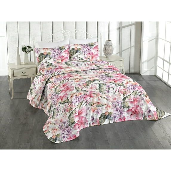 Ambesonne Tropical Quilted Coverlet 3 Pcs, Flora Art Exotic Foliage, Queen Size, Dark Coral Fawn and Sepia