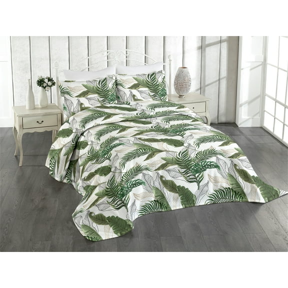 Ambesonne Tropical Quilted Coverlet 3 Pcs, Hawaii Exotic Palm Leaves, King Size, Army Green Emerald and White