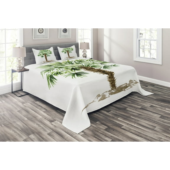Ambesonne Tropical Quilted Coverlet 3 Pcs, Hawaiian Palm Tree, King Size, Fern Green Brown