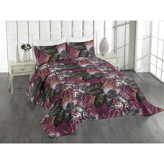 Ambesonne Tropical Quilted Coverlet 3 Pcs, Jungle Leaves Exotic Print, Queen Size, Dark Fuchsia and Dark Grey