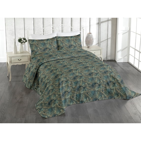 Ambesonne Tropical Quilted Coverlet 3 Pcs, Jungle Minimalist Exotics, King Size, Amber and Laurel Green