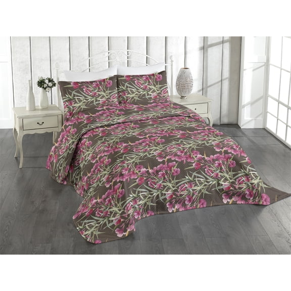 Ambesonne Tropical Quilted Coverlet 3 Pcs, Leaves Pinkish Flowers Art, Queen Size, Mauve Taupe and Olive Green