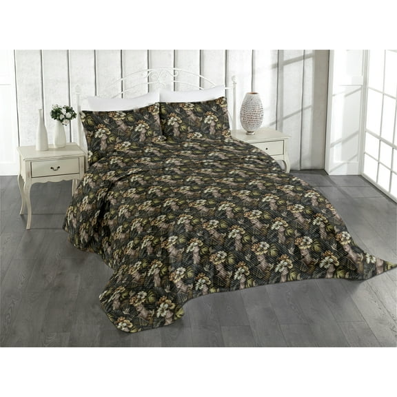 Ambesonne Tropical Quilted Coverlet 3 Pcs, Mysterious Woman Jungle, King Size, Dark Green Pale Caramel