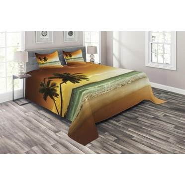 Ambesonne Tropical Quilted Coverlet 3 Pcs, Palm Tree Exotic Beach, Queen Size, Amber Green White
