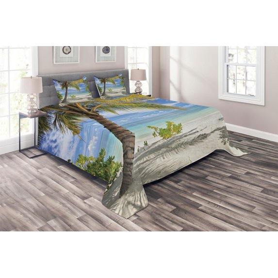 Ambesonne Tropical Quilted Coverlet 3 Pcs, Palm Trees Coastline, Queen Size, Coconut and Blue