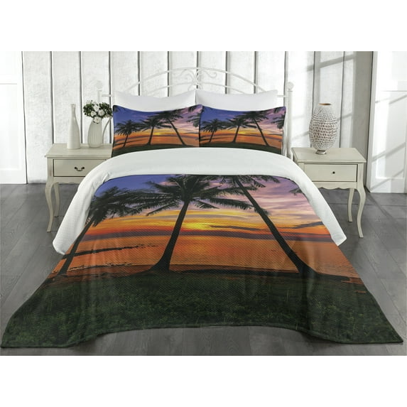 Ambesonne Tropical Quilted Coverlet 3 Pcs, Palm Trees Sunset View, King Size, Multicolor