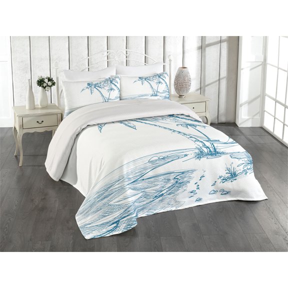 Ambesonne Tropical Quilted Coverlet 3 Pcs, Palm Trees at Beach, King Size, Blue White