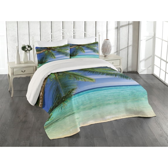 Ambesonne Tropical Quilted Coverlet 3 Pcs, Paradise View Maldives, King Size, Green Aqua Blue