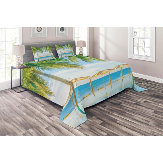 Ambesonne Tropical Quilted Coverlet 3 Pcs, Pool Resort Summer, King Size, Green Blue