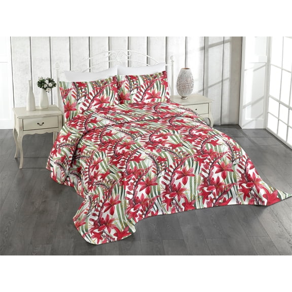 Ambesonne Tropical Quilted Coverlet 3 Pcs, Red Flowers Lines Plot, King Size, Dark Coral and Peacock Green