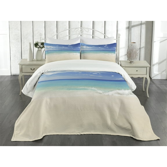 Ambesonne Tropical Quilted Coverlet 3 Pcs, Shore Sea with Waves, King Size, Cream Turquoise White