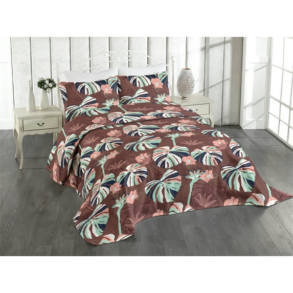 Ambesonne Tropical Quilted Coverlet 3 Pcs, Simplified Exotic Flora, King Size, Pale Salmon Seafoam