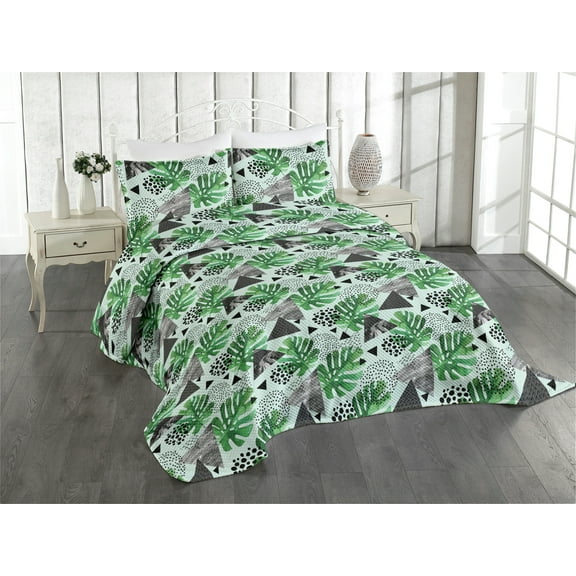 Ambesonne Tropical Quilted Coverlet 3 Pcs, Triangles Exotic Leaf Art, King Size, Fern Green and Dark Grey