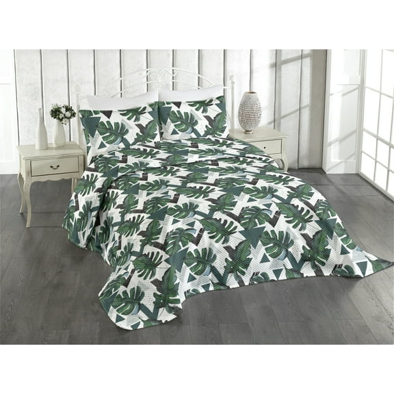 Ambesonne Tropical Quilted Coverlet 3 Pcs, Triangles Monsteras Plot, King Size, Laurel Green and Dark Grey