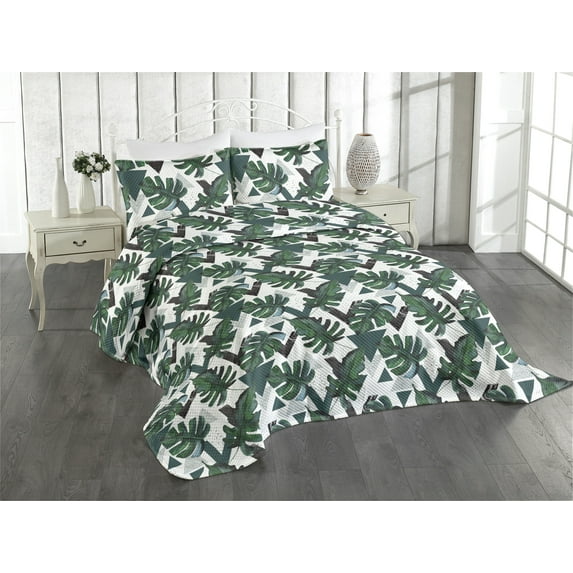 Ambesonne Tropical Quilted Coverlet 3 Pcs, Triangles Monsteras Plot, Queen Size, Laurel Green and Dark Grey
