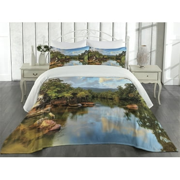 Ambesonne Tropical Quilted Coverlet 3 Pcs, View of Jungle River, King Size, Multicolor
