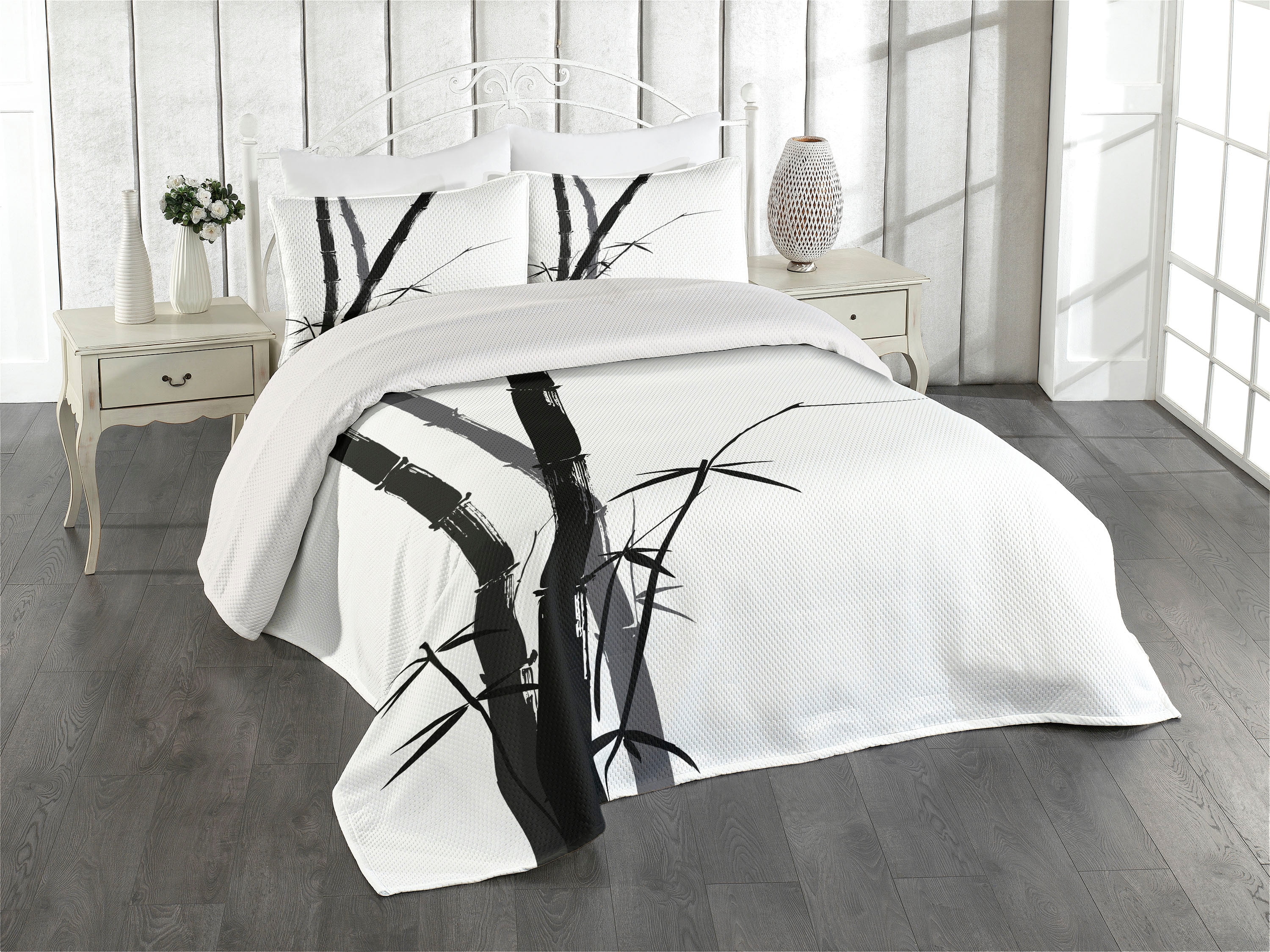 White Quilted Queen Bedspread Set with Charcoal Grey Bamboo Design