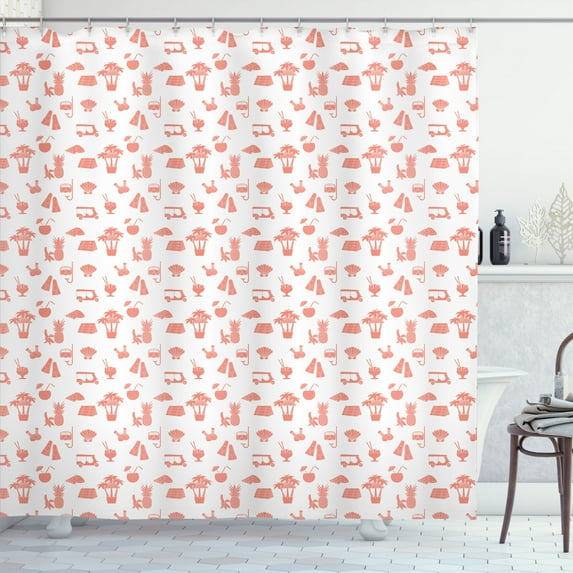 Ambesonne Tropical Shower Curtain, Banana Pineapple Palm Tree, 69"Wx84"L, Coral Salmon and White