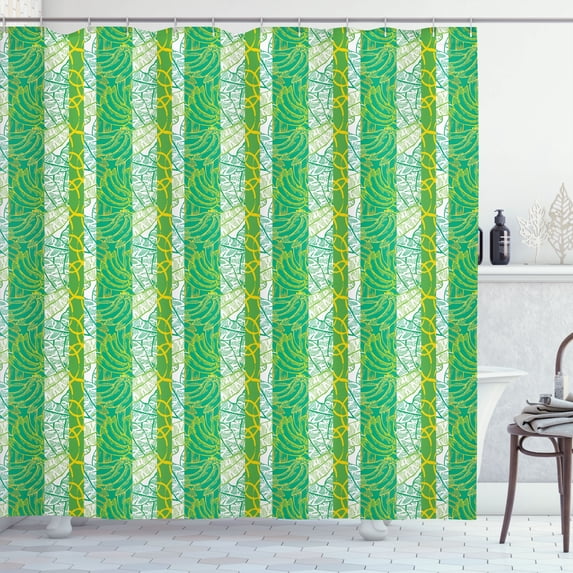 Ambesonne Tropical Shower Curtain, Bananas Vertical Lines, 69"Wx84"L, Fern Green and Earth Yellow