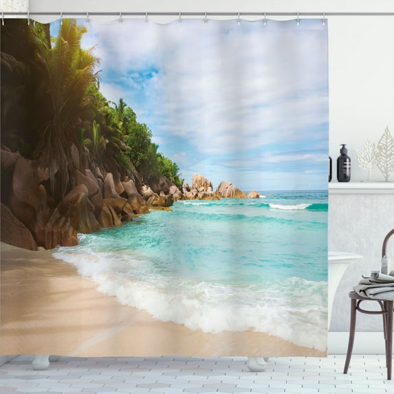 Ambesonne Tropical Shower Curtain, Beach Palm Leaves Sand Art, 69"Wx70"L, Pale Seafoam and Umber