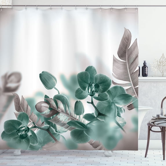 Ambesonne Tropical Shower Curtain, Blooming Orchids Leaves, 69"Wx70"L, Jade Green