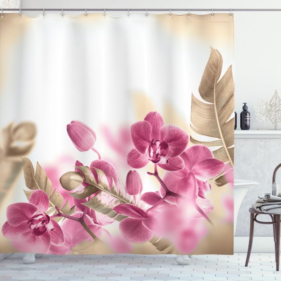 Ambesonne Tropical Shower Curtain, Blooming Orchids Leaves, 69"Wx75"L, Pink Almond