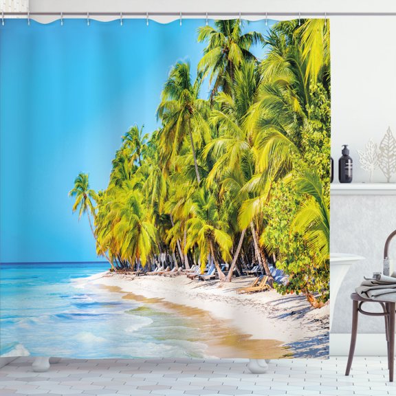 Ambesonne Tropical Shower Curtain, Caribbean Beach Landscape, 69"Wx70"L, Sky Blue and Apple Green
