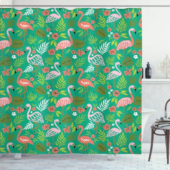 Ambesonne Tropical Shower Curtain, Caribbean Botany Flamingos, 69"Wx84"L, Sea Green Salmon