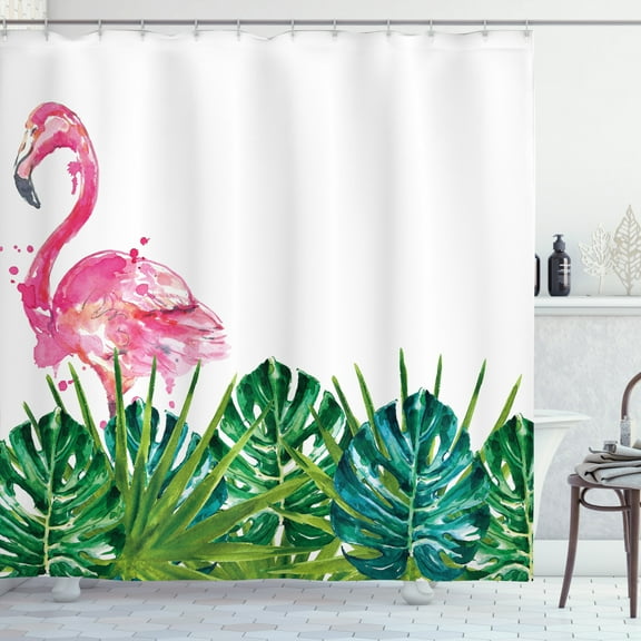 Ambesonne Tropical Shower Curtain, Exotic Nature Flamingo, 69"Wx75"L, Green Pink Blue