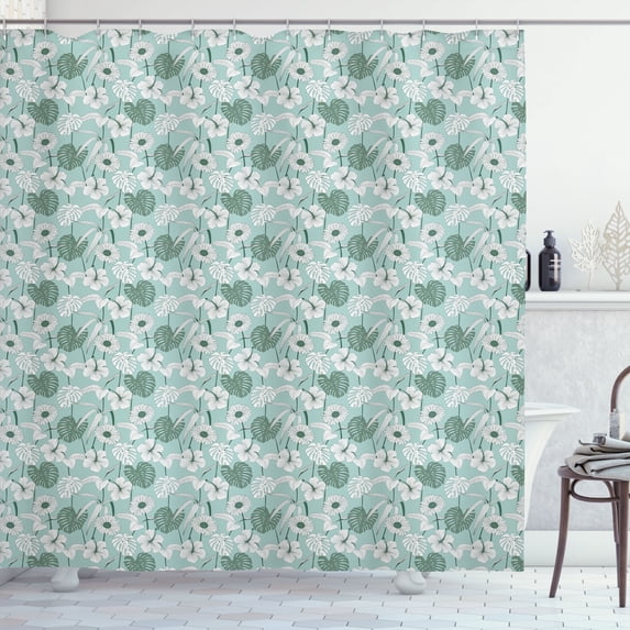 Ambesonne Tropical Shower Curtain, Hibiscus Jungle Leaves Art, 69"Wx70"L, Laurel Green White Grey