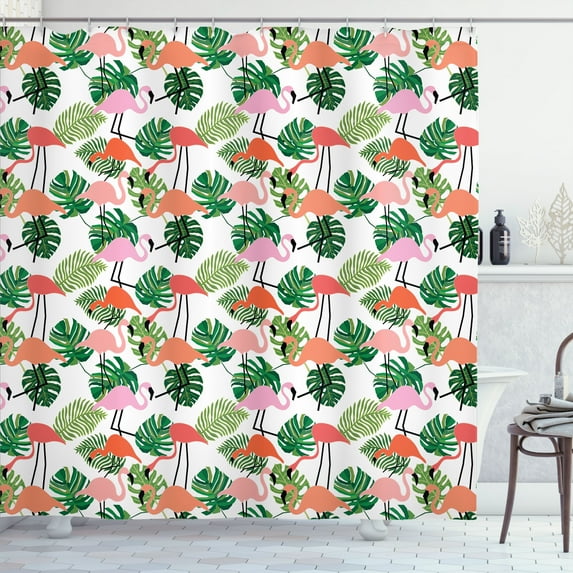 Ambesonne Tropical Shower Curtain, Hipster Flamingo Monstera, 69"Wx70"L, Salmon Pink