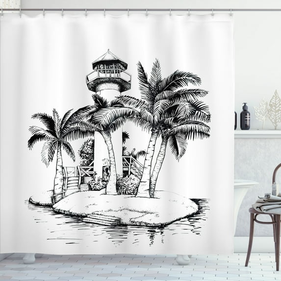 Ambesonne Tropical Shower Curtain, Lighthouse Island Tree, 69"Wx84"L, Black White