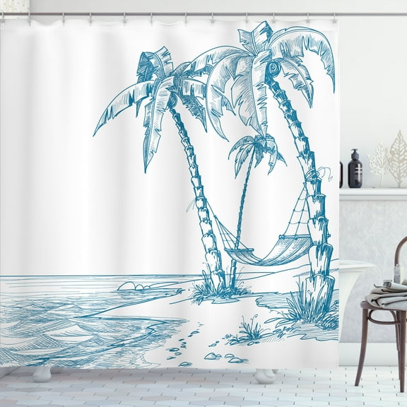 Ambesonne Tropical Shower Curtain, Palm Trees at Beach, 69"Wx75"L, Blue White