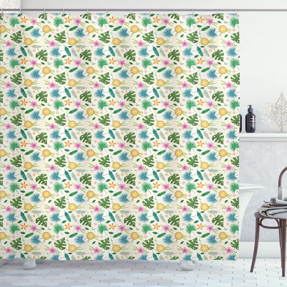 Ambesonne Tropical Shower Curtain, Pineapple Plumeria Art, 69"Wx75"L, Fern Green Pale Orange