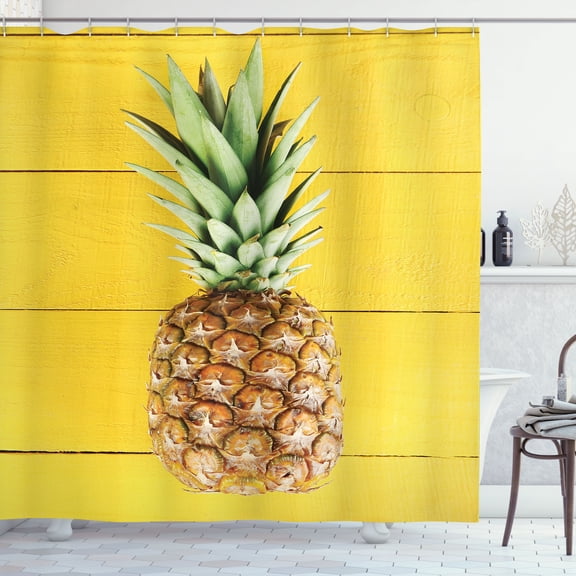 Ambesonne Tropical Shower Curtain, Pineapple on Wood Back, 69"Wx84"L, Earth Yellow and Pale Green