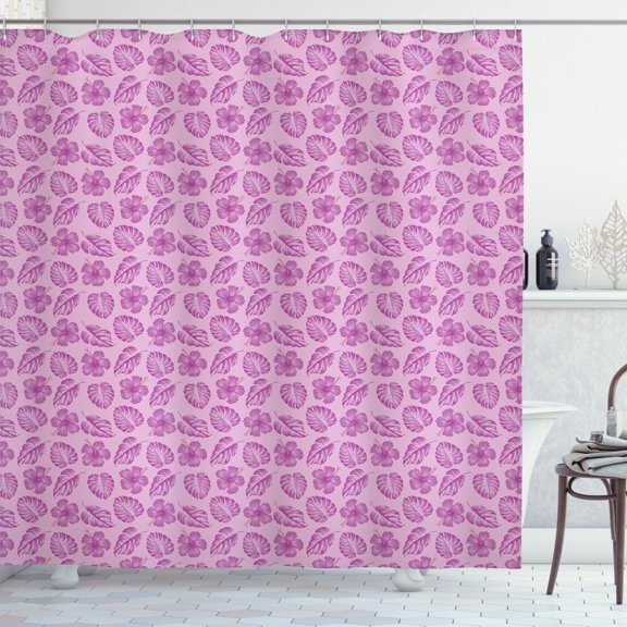 Ambesonne Tropical Shower Curtain, Pinkish Hibiscuses Leaves, 69"Wx84"L, Soft Pink and Fuchsia