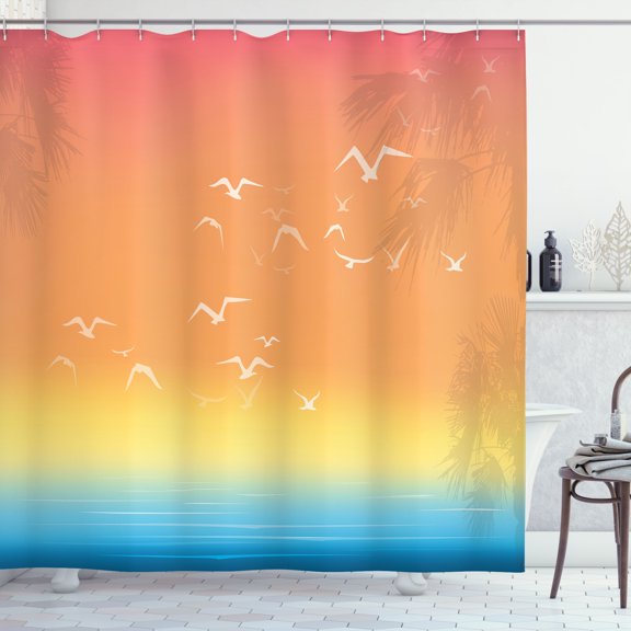 Ambesonne Tropical Shower Curtain, Seagull Palm Trees Sun, 69"Wx84"L, Multicolor