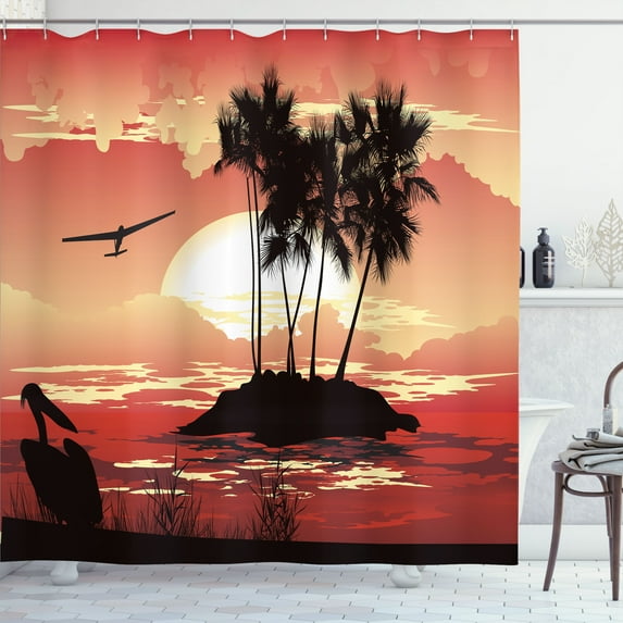 Ambesonne Tropical Shower Curtain, Silhouette of Plane Island, 69"Wx70"L, Dark Salmon and Champagne