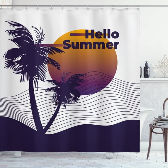 Ambesonne Tropical Shower Curtain, Simplistic Sun Tree Lines, 69"Wx84"L, Dark Orange Dark Purple