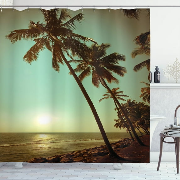 Ambesonne Tropical Shower Curtain, Sunset Pacific Dusk, 69"Wx75"L, Green Brown