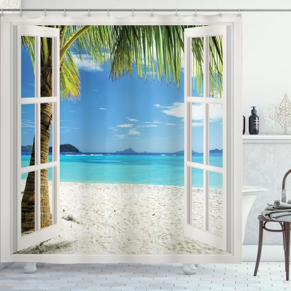 Ambesonne Tropical Shower Curtain, Tropical Beach Palm Trees, 69"Wx70"L, White Green Blue