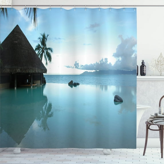 Ambesonne Tropical Shower Curtain, Wooden House Nature, 69"Wx70"L, Blue Brown