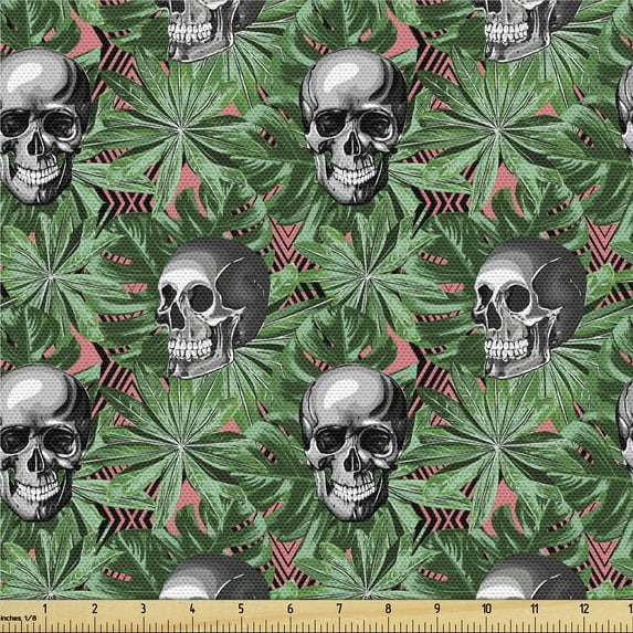 Ambesonne Tropical Skull Fabric by the Yard Upholstery, Skeleton Heads Leafy, 3 Yards, Coral Fern Green and Grey