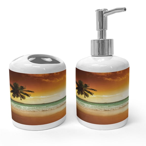 Ambesonne Tropical Soap Dispenser & Toothbrush Holder Set, Palm Tree Exotic Beach, 2 Pcs, Amber Green White