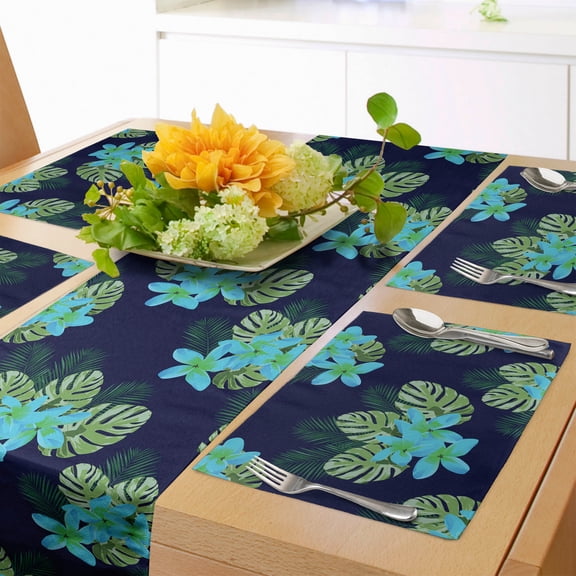 Ambesonne Tropical Table Runner & Placemats, Blooming Flower and Leaves, Placemat 4 pcs + Runner 12"x72", Indigo and Multicolor