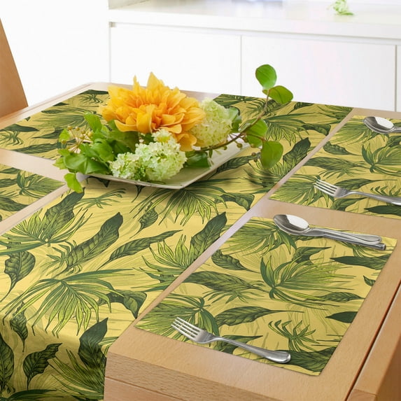 Ambesonne Tropical Table Runner & Placemats, Energetic Exotic Leaves, Placemat 4 pcs + Runner 12"x72", Yellow Olive Green