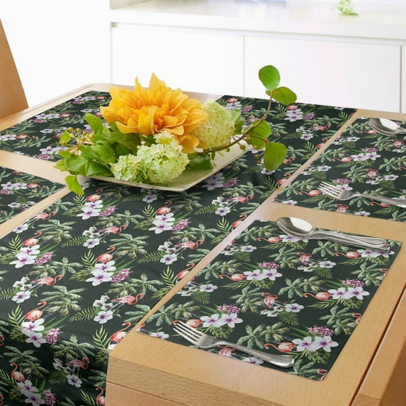 Ambesonne Tropical Table Runner & Placemats, Exotic Flamingo Bouquet, Placemat 4 pcs + Runner 16"x90", Hunter Green Multicolor