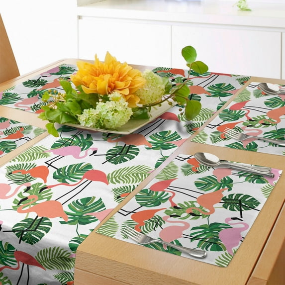 Ambesonne Tropical Table Runner & Placemats, Hipster Flamingo Monstera, Placemat 4 pcs + Runner 12"x90", Salmon Pink