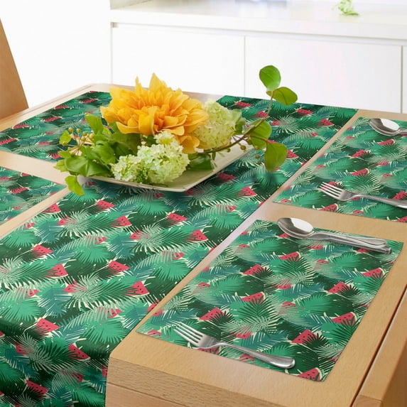 Ambesonne Tropical Table Runner & Placemats, Juicy Watermelon Slices, Placemat 4 pcs + Runner 14"x90", Dark Coral Sea Green
